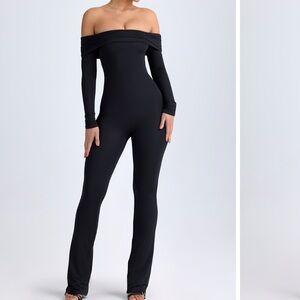 Modal Off-Shoulder Ruched Jumpsuit in Black oh Polly